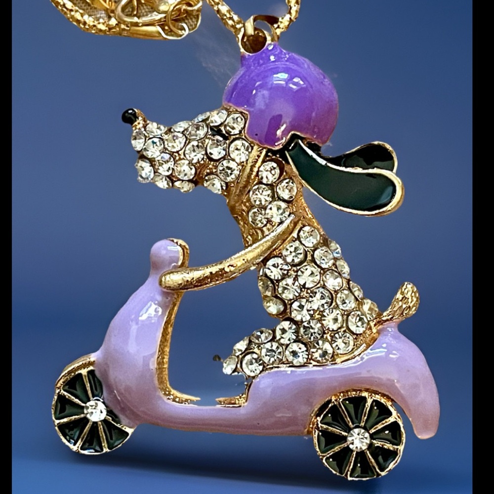 Dog On Purple Scooter Motorbike Necklace Pendant Crystal Rhinestones Not Betsey